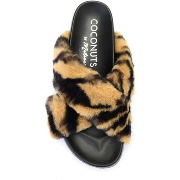 Size 8 Tan Zebra Print Vegan Slide Thick Faux Fur Lining Christmas Gift for Her - Picture 3 of 6